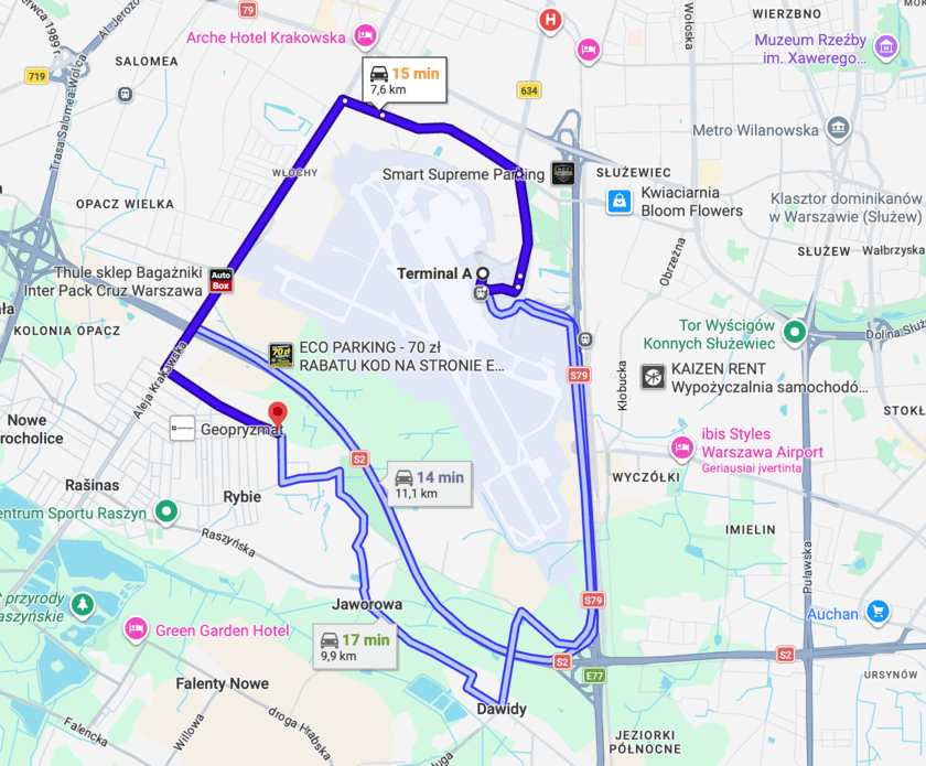 Route from ADMITA Parking to Warsaw Chopin Airport